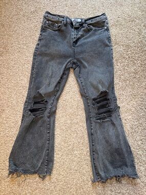 Women's Black Distressed Flare Jeans with Ripped Knees